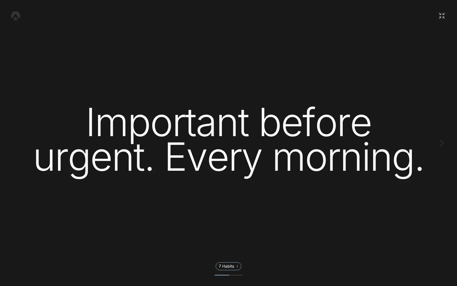 Aimgod Focus full screen: one short reader's note in large type, the 7 Habits sphere under it