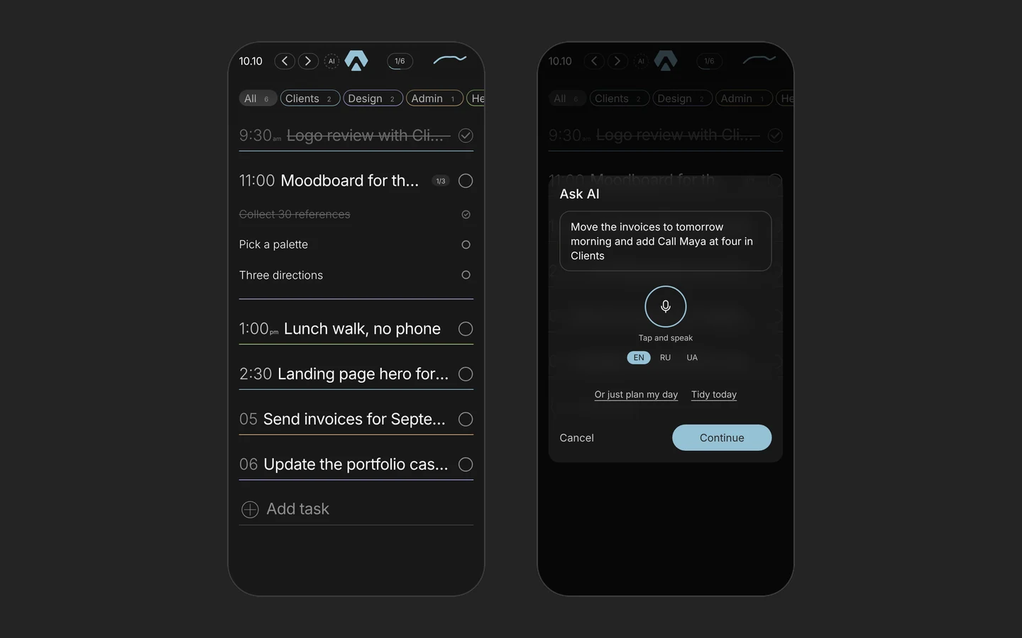 Two real Aimgod screens on a phone: the day list with one task's subtasks open in the row, and Ask AI with the microphone