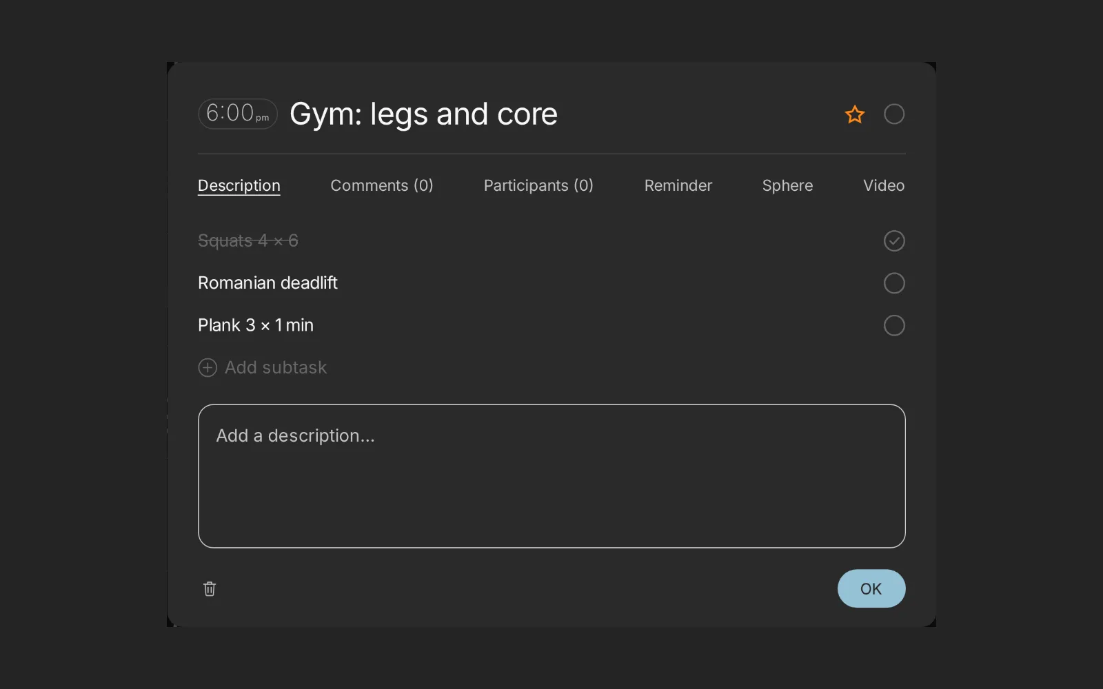 A gym session broken into three small steps, the first one already done