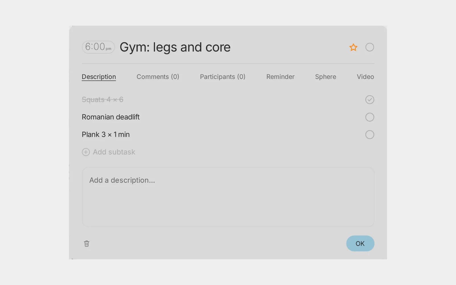 A gym session broken into three small steps, the first one already done
