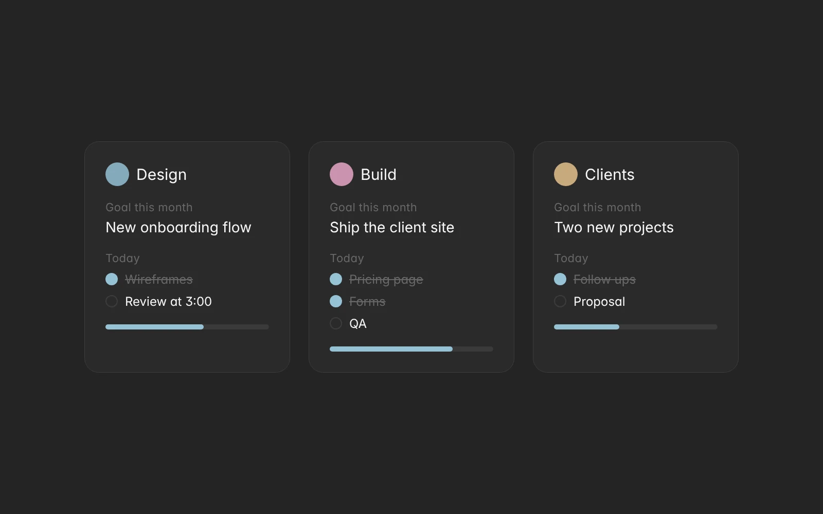 A small team's day: each person with a short plan in their own color