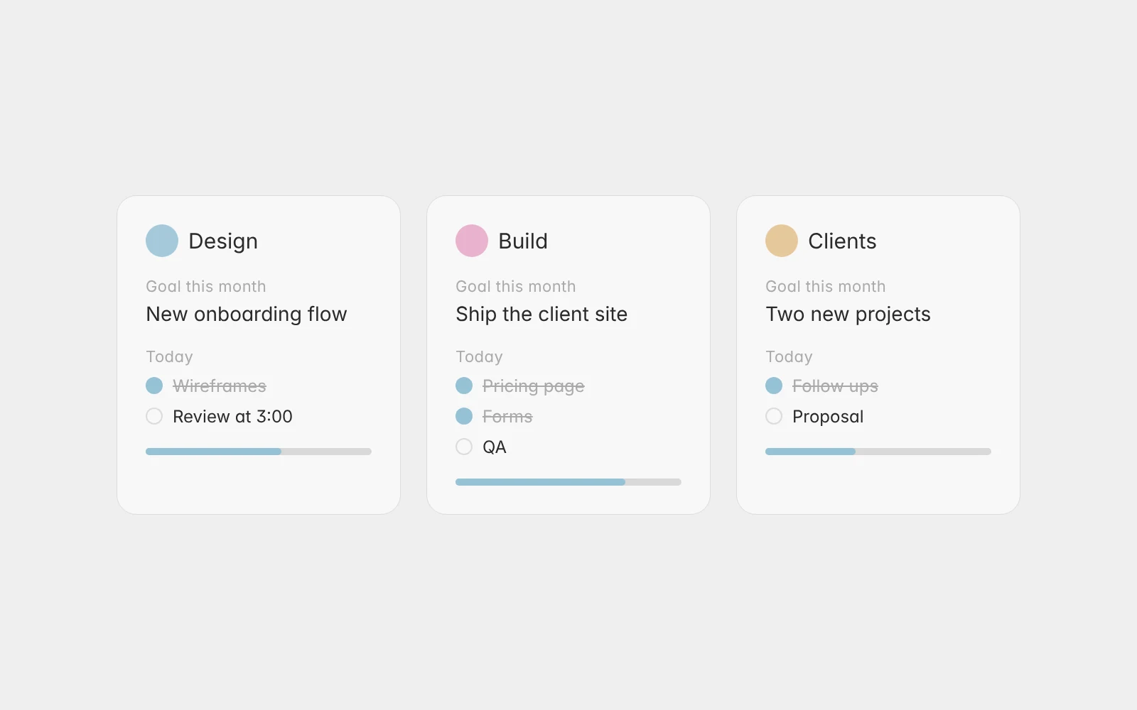 A small team's day: each person with a short plan in their own color
