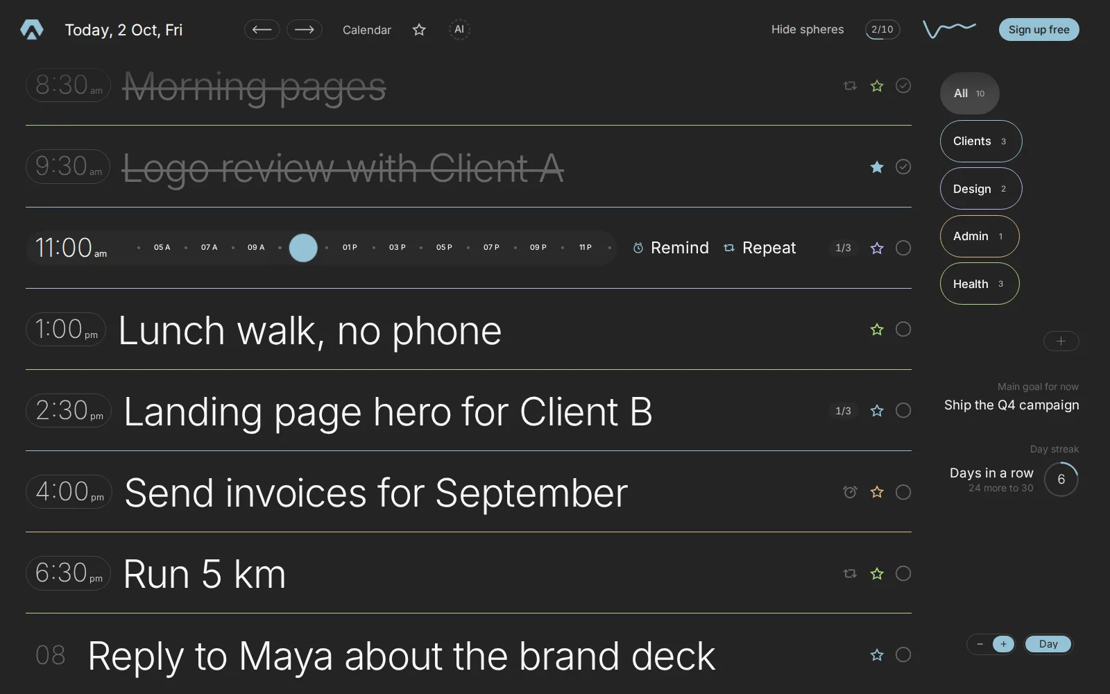 The time ruler open on a task: two taps and "later" becomes a real time