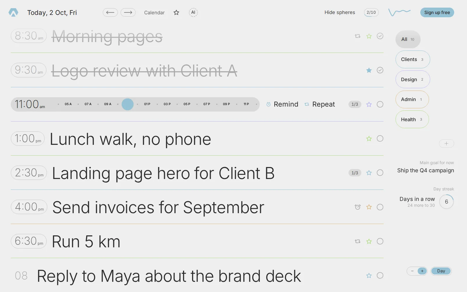 The time ruler open on a task: two taps and "later" becomes a real time