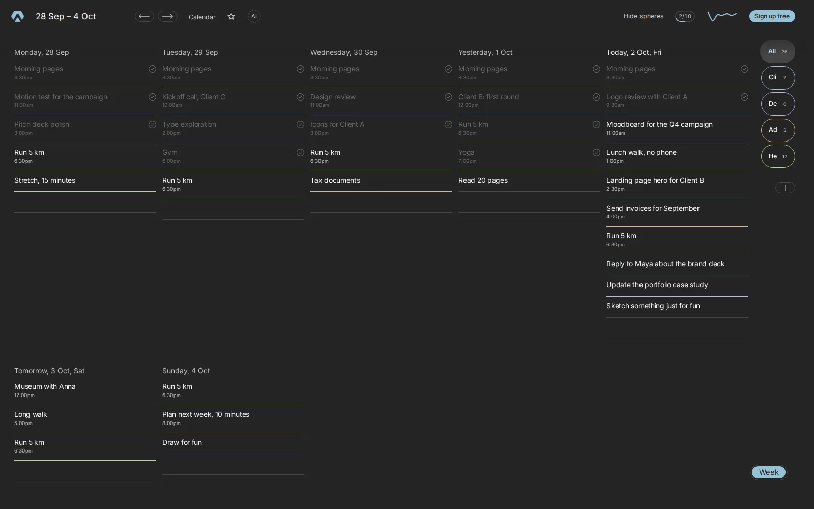 The week view: drag tasks between days to move leftovers and plan your week