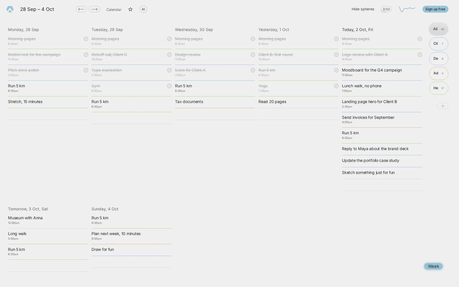 The week view: drag tasks between days to move leftovers and plan your week